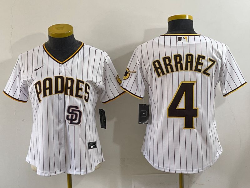 Women 2025 San Diego Padres #4 Arraez White Stripe Game Nike MLB Jersey style 3